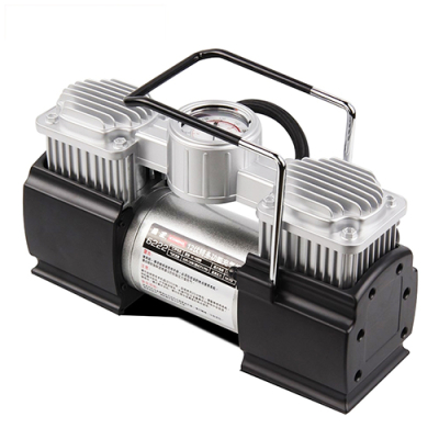 Máy bơm lốp 2 xi lanh tốc độ cao, tích hợp đèn pin, đồng hồ cơ (Điện 12V)