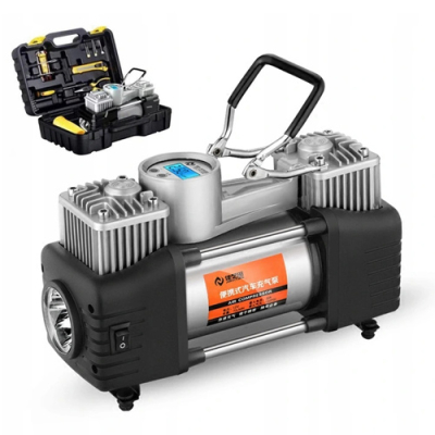 Máy bơm lốp 2 xi-lanh tốc độ cao, tích hợp đèn pin, đồng hồ điện tử (điện 12V)