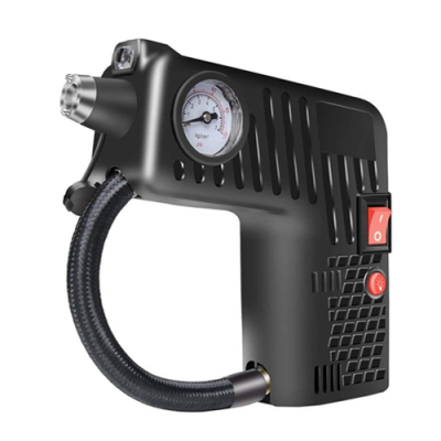 Máy bơm lốp cầm tay 4-in-1 gồm bơm hơi, đo áp suất lốp, đèn pin, và phá kính khẩn cấp (Điện 12V)
