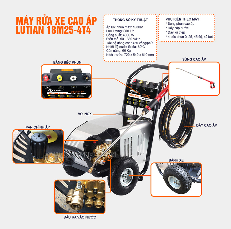 Máy rửa xe áp lực cao Lutian 18M25-4T4 mang đến nhiều ưu điểm nổi trội