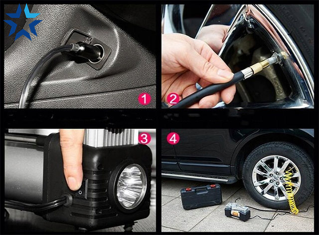 Chi tiết máy bơm lốp 2 xi-lanh tốc độ cao, tích hợp đèn pin, đồng hồ điện tử (điện 12V)