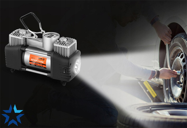 Đèn máy bơm lốp 2 xi-lanh tốc độ cao, tích hợp đèn pin, đồng hồ điện tử, kèm bộ vali cứu hộ lốp khẩn cấp (Điện 12V)
